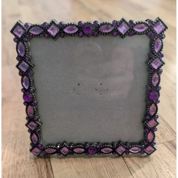 VTG Y2K Jeweled 3x3 Square Picture Frame Pewter Amethyst Lavender Rhinestones - Picture 3 of 16